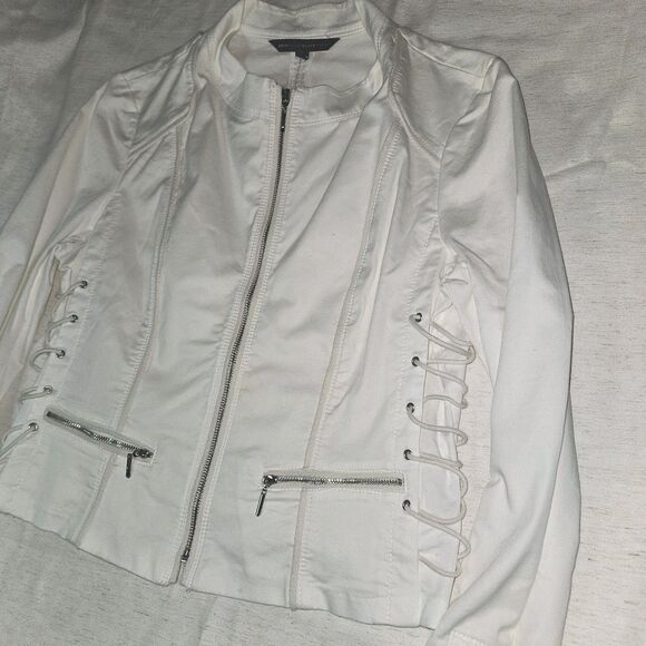 Y2k White Lace Detail Moto Jacket Zip Womens White House Black Market Size 12 - Picture 2 of 13